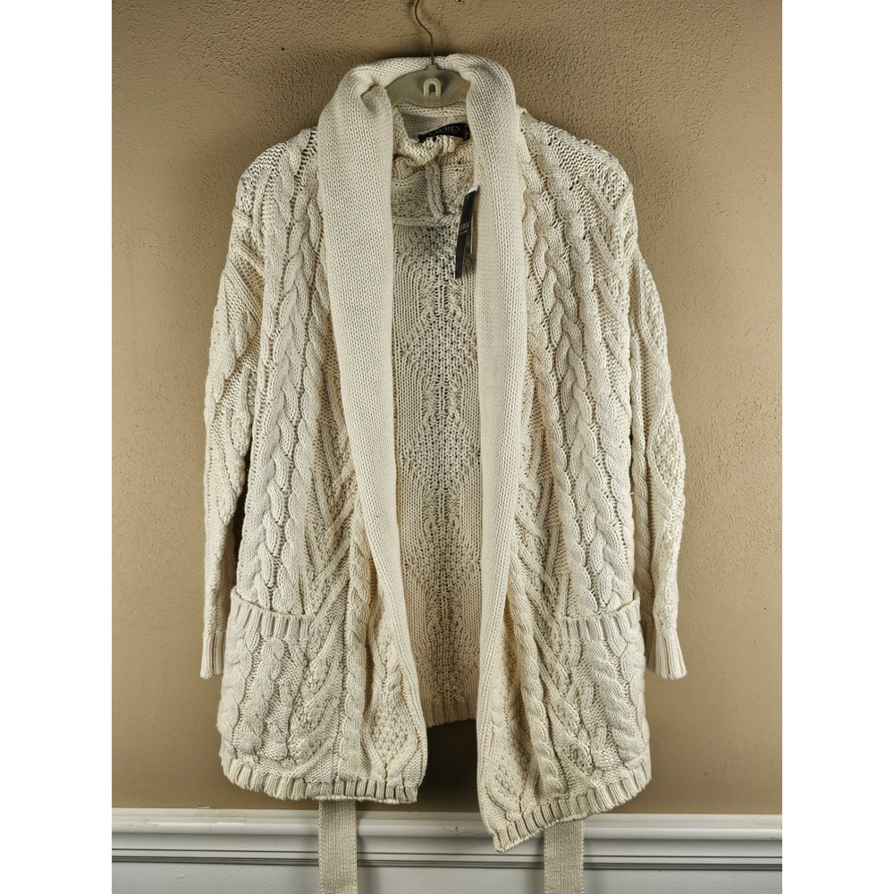 NWT Lauren Ralph Lauren Womens Cream Longline Cable Knit Cardigan Sweater Small